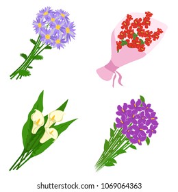 Bouquets flowers Set isolated on white background. Bunch of flowers for wedding or valentine day. Birthday flower gift. Vector illustration