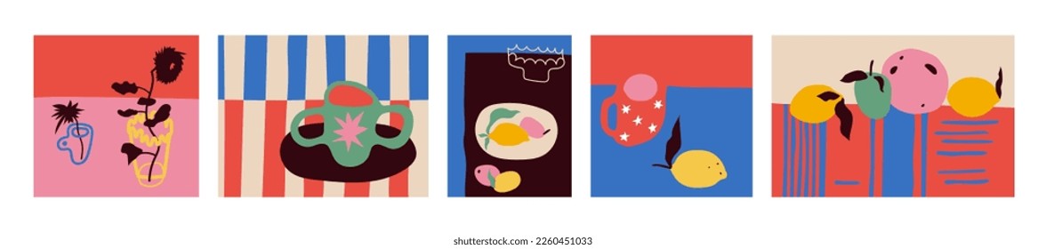 Bouquets of flowers, still lifes with fruits and flowers in vases. Drawing style. Colorful illustrations of flowers, fruits and still lifes. Modern interior painting. Hand drawn vector illustration.
