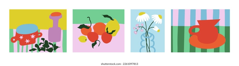 Bouquets of flowers, still lifes with fruits and flowers in vases. Drawing style. Colorful illustrations of flowers, fruits and still lifes. Modern interior painting. Hand drawn vector illustration.