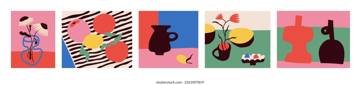 Bouquets of flowers, still lifes with fruits and flowers in vases. Drawing style. Colorful illustrations of flowers, fruits and still lifes. Modern interior painting. Hand drawn vector illustration.