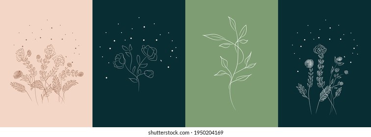 Bouquets of flowers in the style of minimalism. Modern hand drawn vector illustration