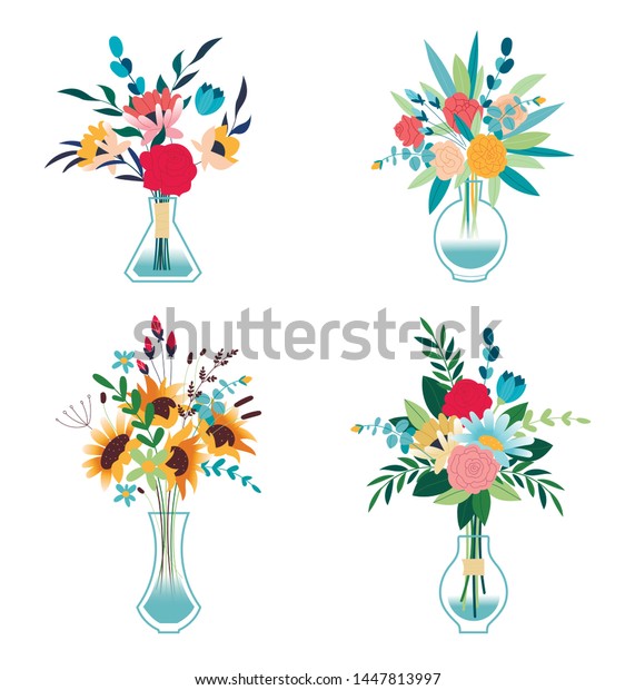 Bouquets Flowers Vase Vector Illustration Flat Stock Vector