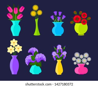 Bouquets of flowers in vases in flat style. Summer and spring flowers set. Vector flowers illustration