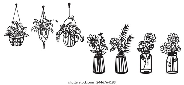 Bouquets of flowers in vases and indoor flowers in hanging pots. Set of decorative sketches in line art style