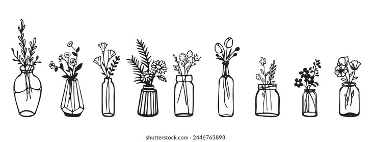 Bouquets of flowers in vases and jars of different shapes. Set of decorative sketches in line art style