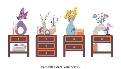 Bouquets of flowers in vases standing on wooden bedside tables with drawers and shelves. Vector illustration of interior nightstands with books, candles, figurines, clocks. Set of vases standing on