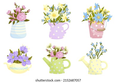 Bouquets of flowers in vases.Set of vintage floral arrangements.Vector graphics.