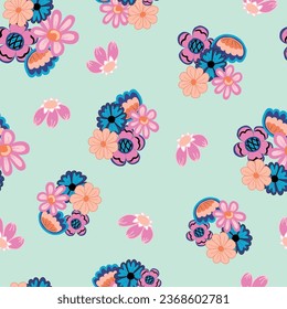 Bouquets of folk flowers are scattered across this teal green background to create a seamless repeat pattern design in vector.