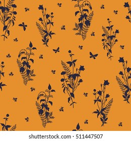 Bouquets forest flowers pattern on a orange background. Vector.