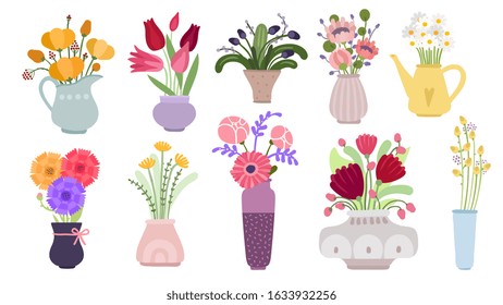 Bouquets. Garden flowers bunch, blooming summer botanical herbs. Herbaceous plants in pots, pitchers and bottles. Flat floral vector set