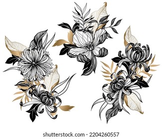 Bouquets with graphic flowers, leaves and gold elements. Vector