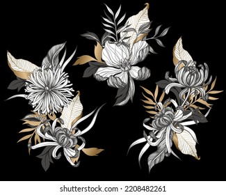 Bouquets with graphic flowers, leaves and gold elements. Vector.