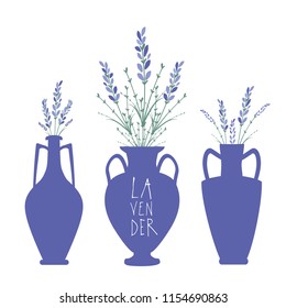 Bouquets of lavender in three types of ancient Mediterranean style vases. Text hand drawn.