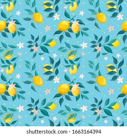 Bouquets of lemons and leaves on a blue background. Decorative tropic seamless pattern