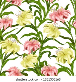 Bouquets of lilies in a color pattern.Seamless pattern of bouquets of multi-colored lilies on a white background.