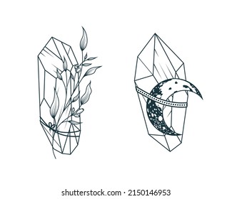 Bouquets of moon crystals and twigs. Hand drawn vector magic symbols isolated on white. Vector illustration for witchcraft and tattoo.