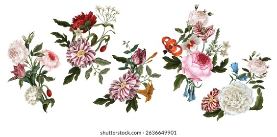 Bouquets with oil painting rococo still-lifes flowers. Vector