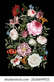 Bouquets with oil painting rococo still-lifes flowers. Vector