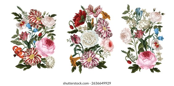 Bouquets with oil painting rococo still-lifes flowers. Vector