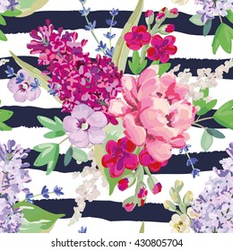 Bouquets on the striped background. Vector seamless pattern with pink and purple flowers and green leaves. Rose, lilac, lavender, matthiola. Hand drawn romantic illustration.