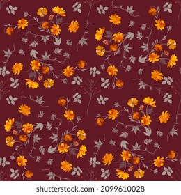 Bouquets of orange cosmos flowers, thin leafless sprigs of rose hips with berries and a variety of leaves on a shining brown background. Beautiful romantic print for fabric.