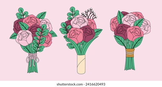 Bouquets of pastel pink rose flat vector illustration bundle. Set of beautiful simple flower bouquet. Gift for anniversary, valentine's day.