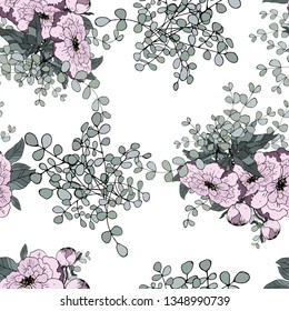 Bouquets of peonies and eucalyptus branches.Seamless pattern. Vector illustration.
