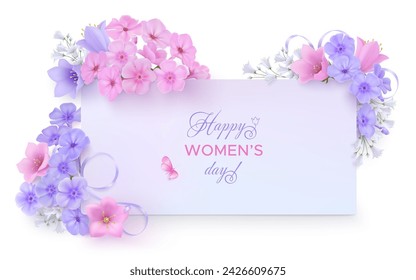 Sträuße von fotorealistischen rosa und lila Bluebells und Phloxes Blumen mit Grußkarte. Happy Women's Day Frühlingsdesign auf hellem Hintergrund. Nicht genügend Platz für Text