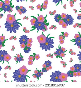 Bouquets of pink flowers and blue and purple daisies are scattered across a background of white to create this seamless repeat pattern design.