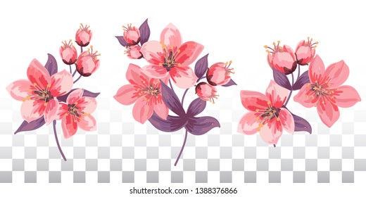 Bouquets of pink flowers. Flower decoration.Vintage Floral Decoration. Card Design in Rustic Style.Wedding flowers bundle.
blooming cherry, sakura, peach, apple, plum or apricot design elements. Eps10