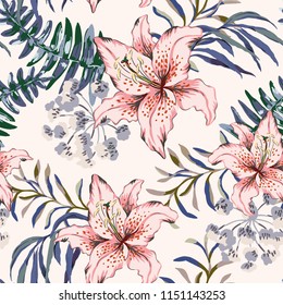 Bouquets with pink lily flowers with dark blue leaves, light background. Vector seamless pattern. Romantic garden plants. Elegant botanical illustration. Textile design print.