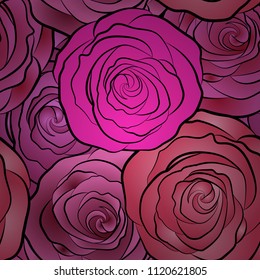 Bouquets of pink, magenta and purple roses. Seamless pattern. Vector illustration.