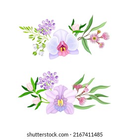 Bouquets with pink tropical flowers and leaves set. Floral composition with exotic plants for card, invitation decor vector illustration