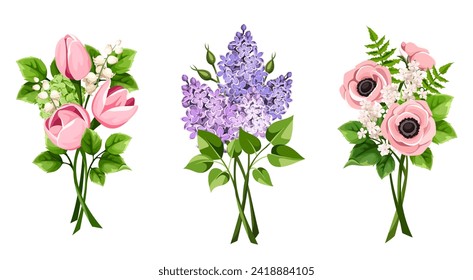 Bouquets of pink tulip and anemone flowers, lilac flowers, and lily of the valley flowers. Set of vector floral bouquets isolated on a white background. Hand-drawn illustration, not AI