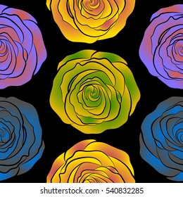 Bouquets of pink, violet and yellow roses on a black background. Seamless pattern. Vector illustration.