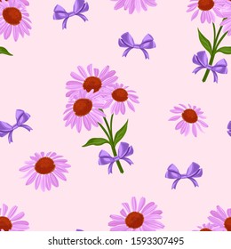 Bouquets of purple flowers with violet bows on pink background seamless pattern. Vector floral illustration in cartoon flat style.