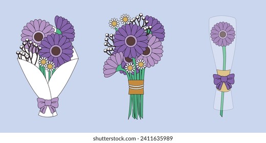 Bouquets of purple and violet gerbera flat vector illustration bundle. Set of beautiful simple flower bouquet. Gift for anniversary, valentine's day.