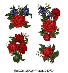 Bouquets with red peonies and small flowers. Vector.