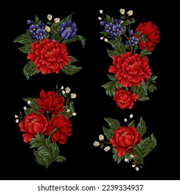 Bouquets with red peonies and small flowers. Vector.