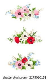 Bouquets of red, pink, blue, and white poppy, forget-me-not, bluebell, and lily of the valley flowers isolated on a white background. Set of vector illustrations