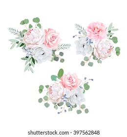 Bouquets of rose, peony, anemone, camellia, brunia flowers and eucalyptus leaves. Vector design elements. 