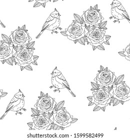 Bouquets of roses and birds on a white background. Hand-drawn vector illustration.