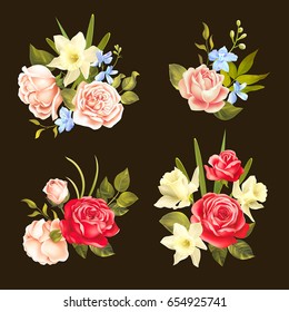 Bouquets mit Rosen und Narzissen auf dunklem Hintergrund. Vektorset. 