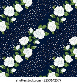 Bouquets of roses and golden pollen.Vector pattern with white roses and gold decor on a colored background.