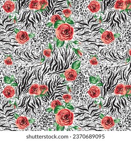 Bouquets of roses on a mixed leopard and zebra pattern background