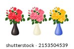 Bouquets of roses set. Beautiful red, yellow and pink rose flowers in vases isolated on white background. Vector illustration in cartoon flat style.