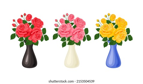 Bouquets of roses set. Beautiful red, yellow and pink rose flowers in vases isolated on white background. Vector illustration in cartoon flat style.