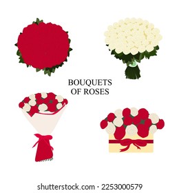 Bouquets of roses vector set. Collection of red and white roses bouquet in flat style. Beautiful bouquets of flowers. vector illustration