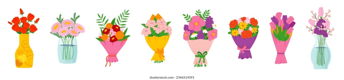 Bouquets set. Different beautiful bright flowers and leaves. Blooming plants with stems. March 8 and Valentine's Day gift. Colorful meadow plants. Vector cartoon flat isolated illustration