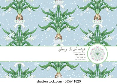 Bouquets of snowdrop flowers. Snowfall foreground. Ribbon for your text.